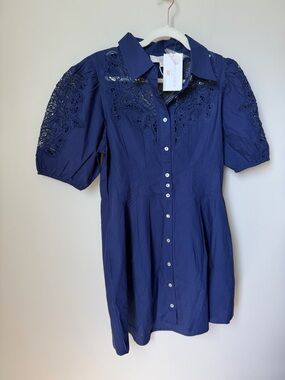 Caroline Constas Navy Lace Button-Front short sleeve collared mini dress